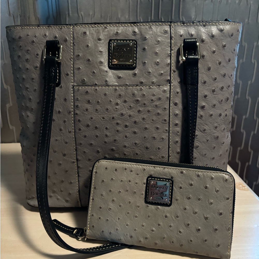 Dooney Bourke GRAY Ostrich Embossed Leather Purse and Matching Wallet!